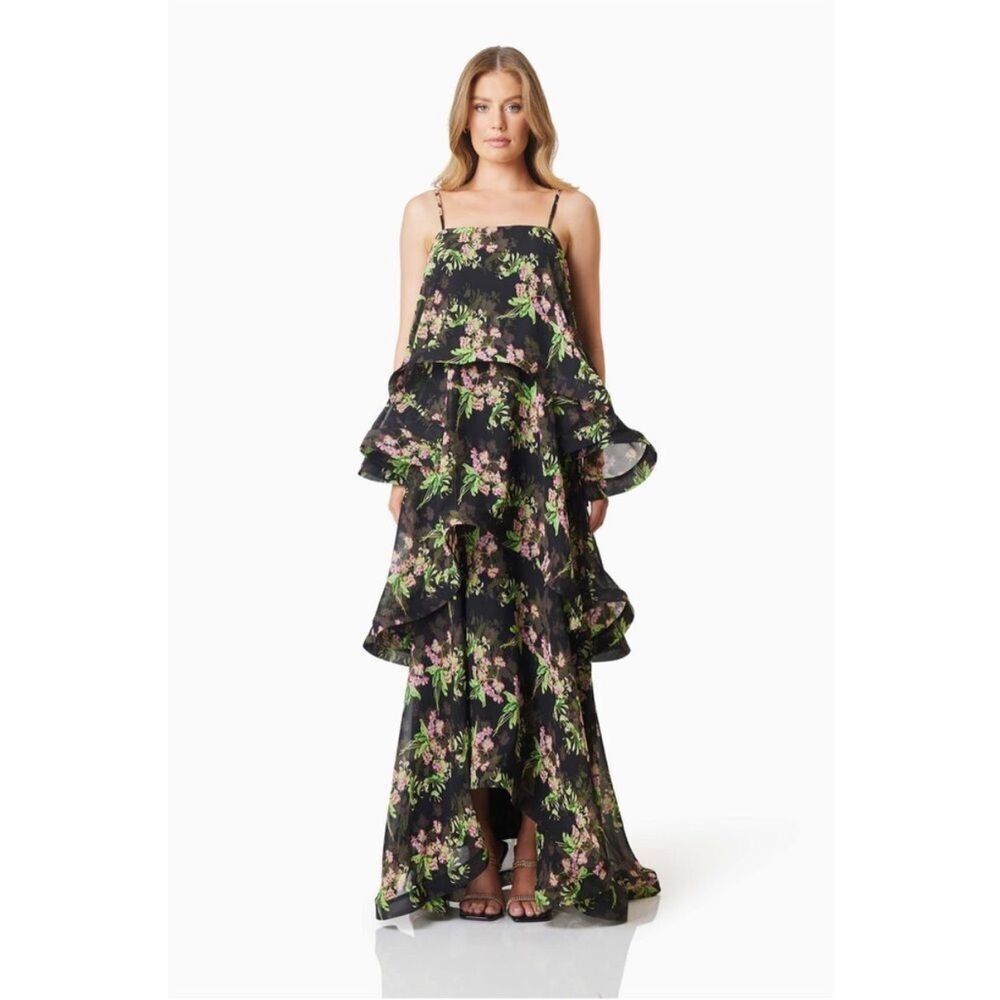 Elliatt Ula Tiered Maxi Dress Black Vacation Brunch wedding Guest XS